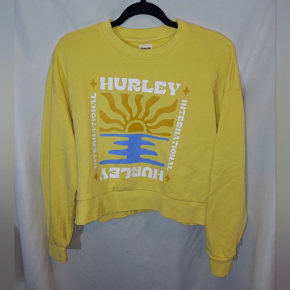 Hurley Tops - Hurley Cotton Cropped Boxy Skater Yellow Sun Graphic Sweatshirt